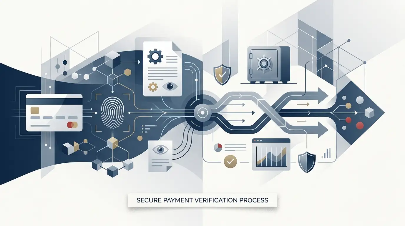 Conceptual illustration of payment verification and withdrawal checks with no brand logos or currency amounts