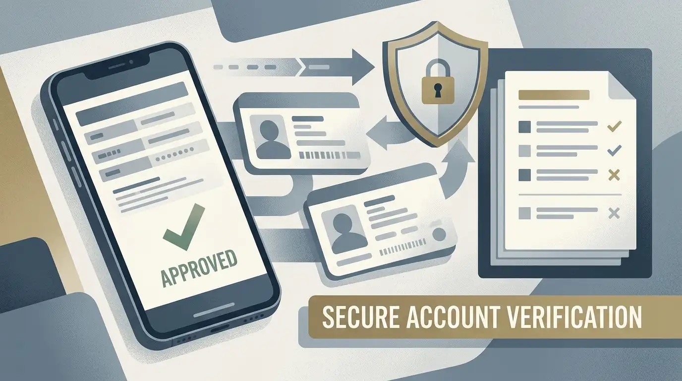 Illustration of an account identity check with a phone, documents, shield and checklist