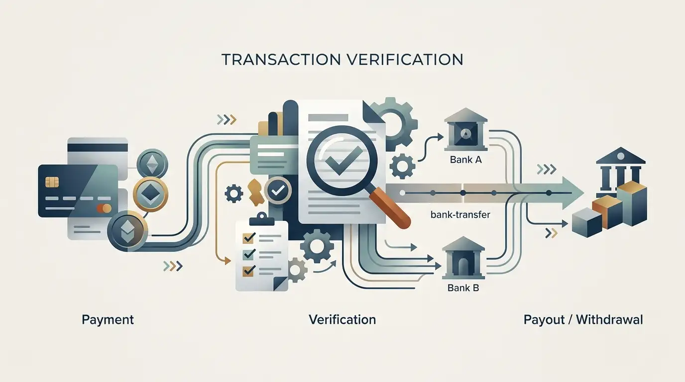 Conceptual illustration of payment verification and withdrawal checks with no brand logos or currency amounts
