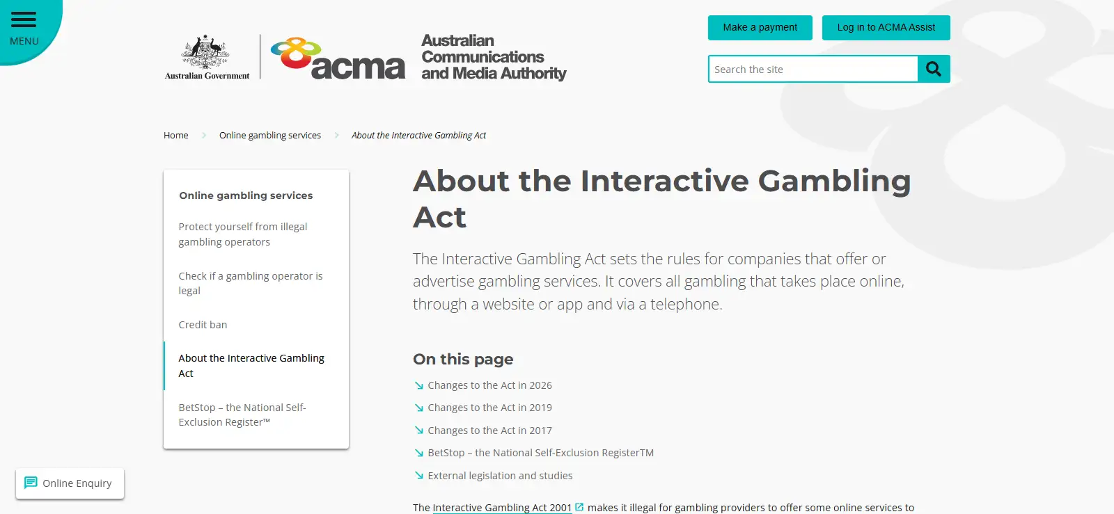 Saved image of current ACMA information about the Interactive Gambling Act and prohibited online casino services